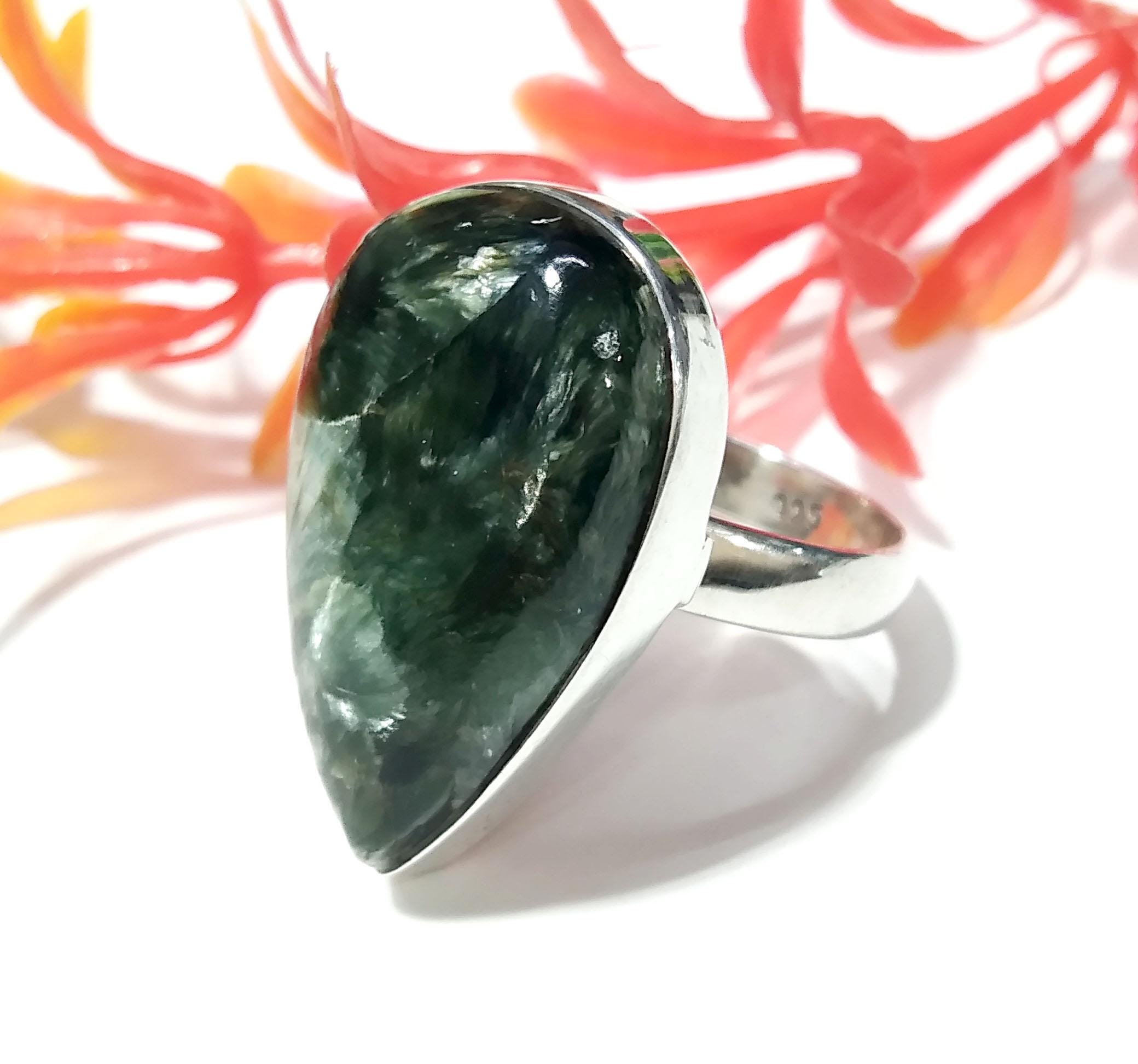 Natural Green Seraphinite Gemstone Ring, 925 Starling Silver Ring, A+++ Seraphinite Stone Size 26x16 mm Silver Handmade Ring, Gift Birthday